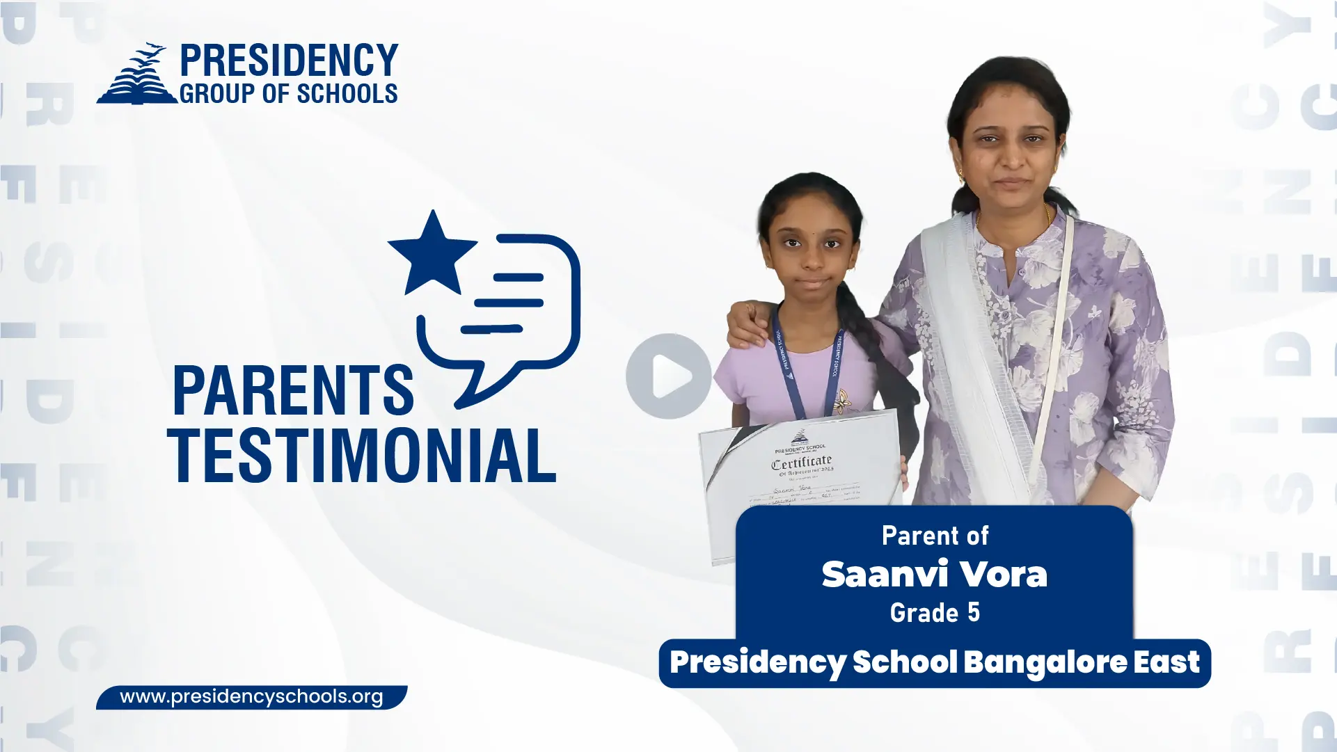 Parent of Saanvi Vora, Grade 5 Presidency School Bangalore East